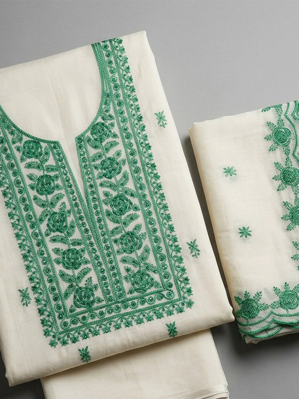 White Fancy Thread Embroidery Un-Stitched Dress Material