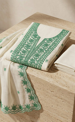 White Fancy Thread Embroidery Un-Stitched Dress Material