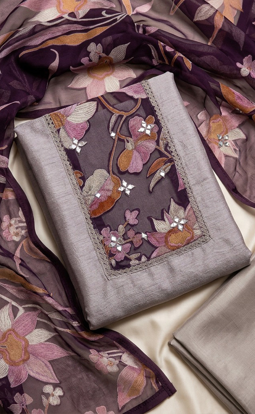 Coffee Fancy Floral Printed Un-Stitched Dress Material
