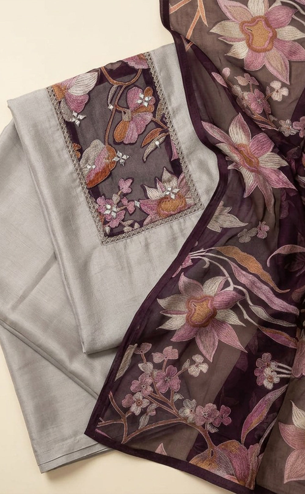 Coffee Fancy Floral Printed Un-Stitched Dress Material