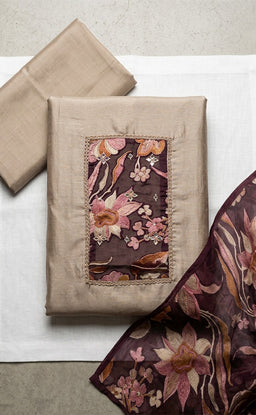 Coffee Fancy Floral Printed Un-Stitched Dress Material