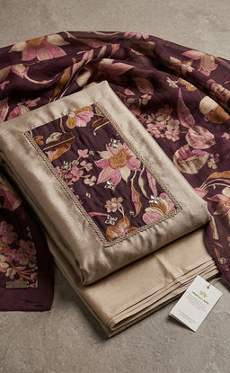 Coffee Fancy Floral Printed Un-Stitched Dress Material