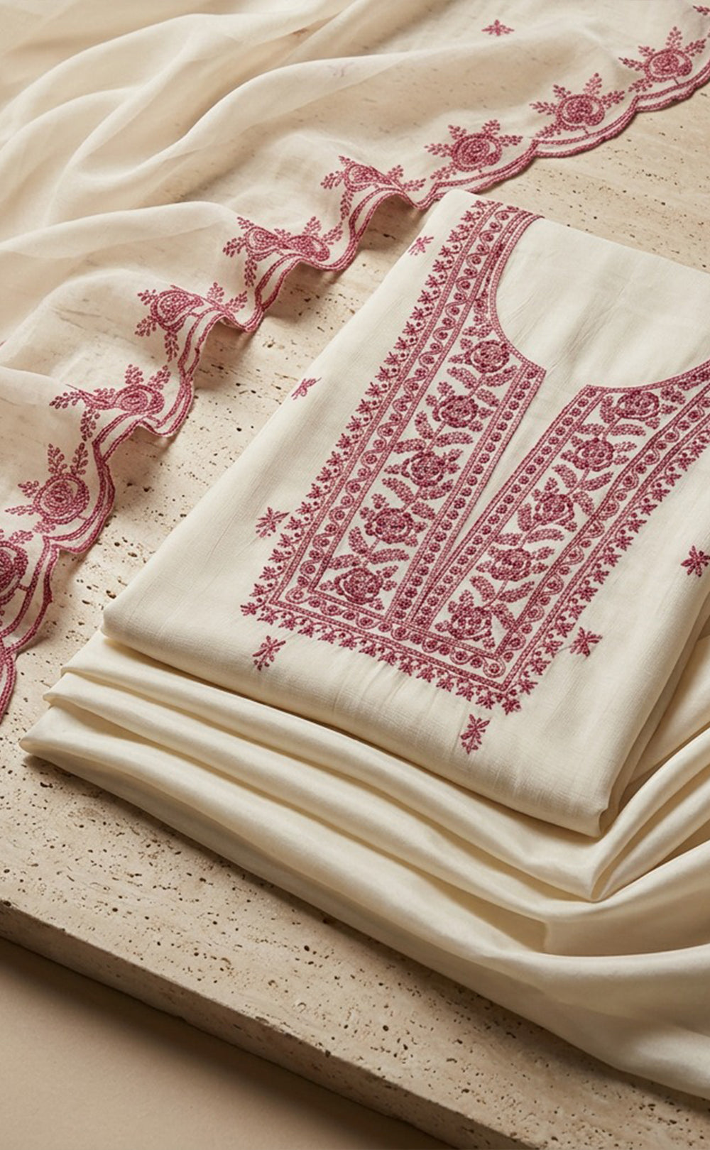 White Fancy Thread Embroidery Un-Stitched Dress Material