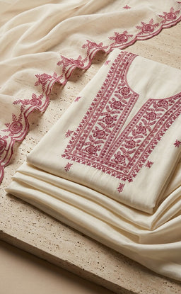 White Fancy Thread Embroidery Un-Stitched Dress Material