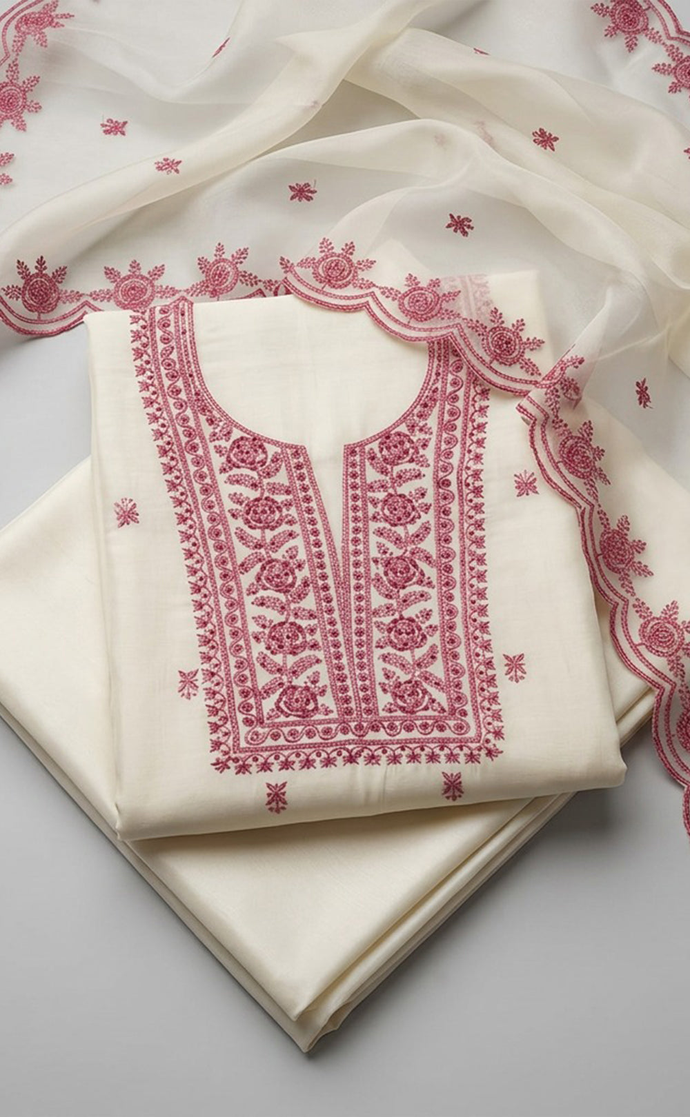 White Fancy Thread Embroidery Un-Stitched Dress Material