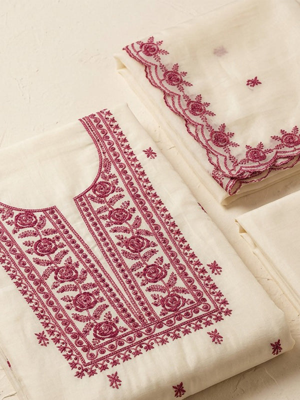 White Fancy Thread Embroidery Un-Stitched Dress Material