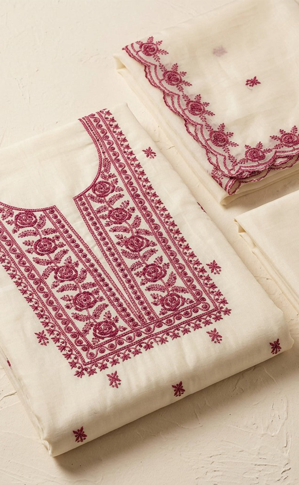 White Fancy Thread Embroidery Un-Stitched Dress Material