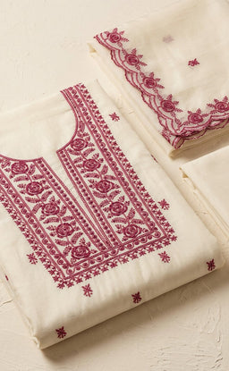White Fancy Thread Embroidery Un-Stitched Dress Material