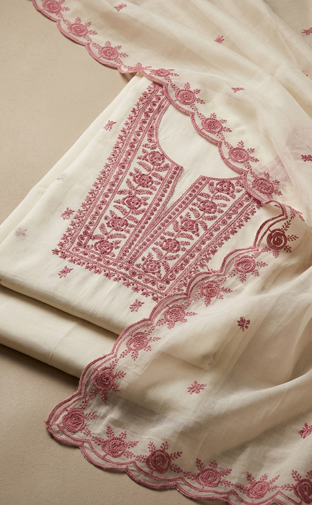White Fancy Thread Embroidery Un-Stitched Dress Material