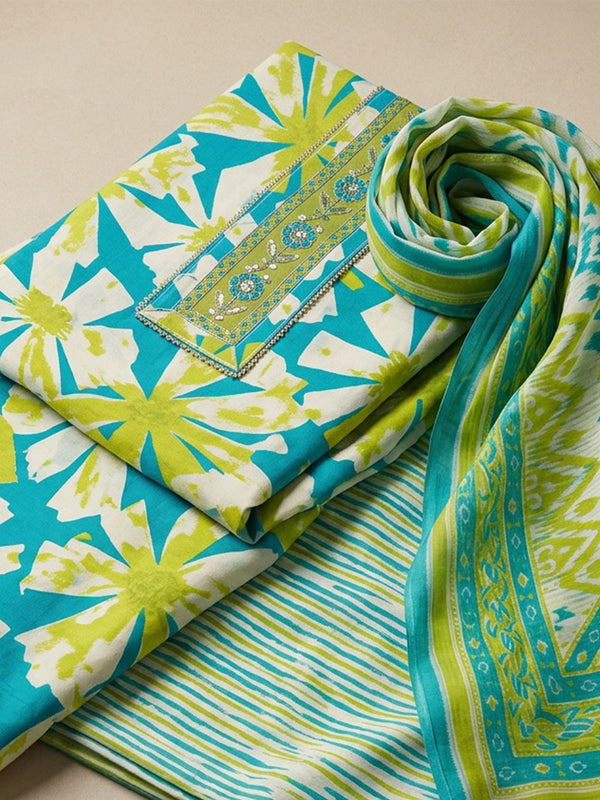 Lemon Yellow Cotton All-Over Floral Printed Un-Stitched Dress Material