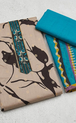 Coffee Cotton Abstract Printed Un-Stitched Dress Material