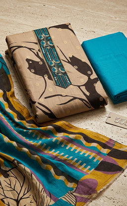 Coffee Cotton Abstract Printed Un-Stitched Dress Material