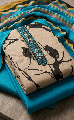 Coffee Cotton Abstract Printed Un-Stitched Dress Material