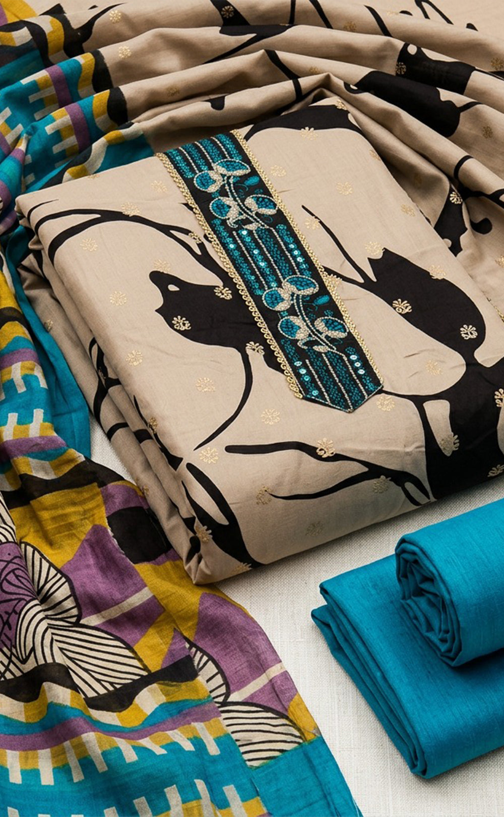 Coffee Cotton Abstract Printed Un-Stitched Dress Material
