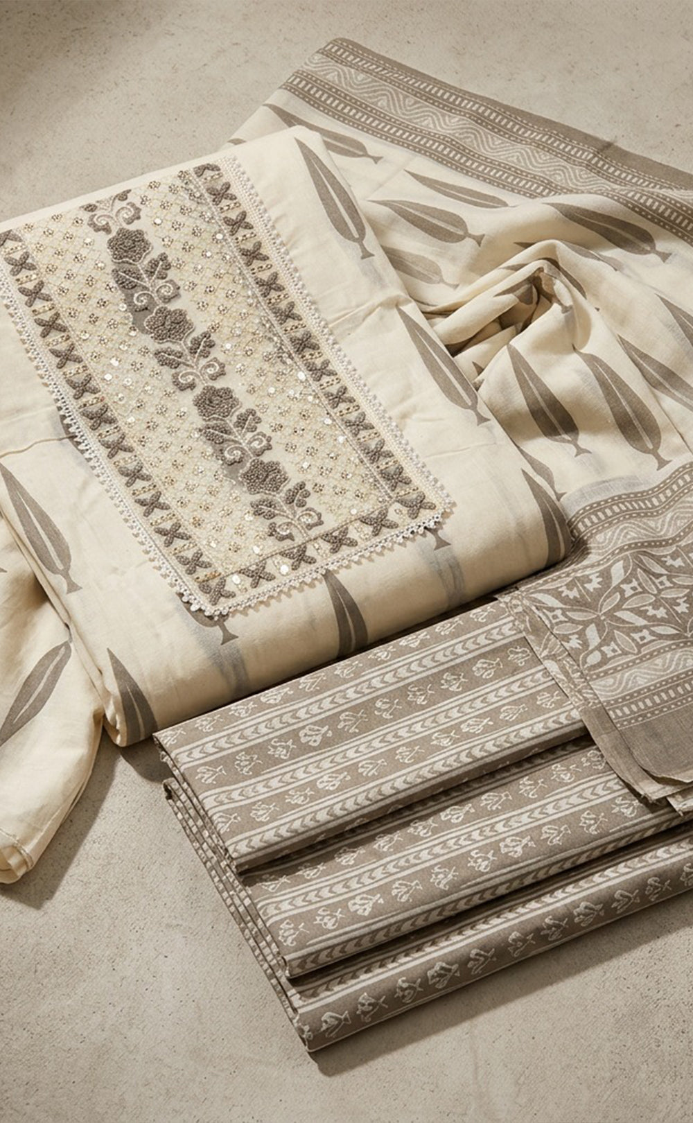 Half-White Cotton Leaf Printed Un-Stitched Dress Material