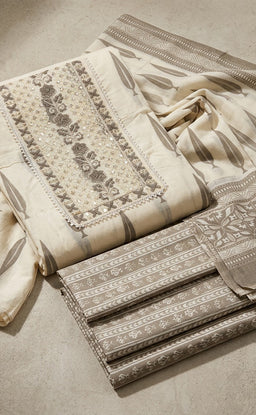 Half-White Cotton Leaf Printed Un-Stitched Dress Material