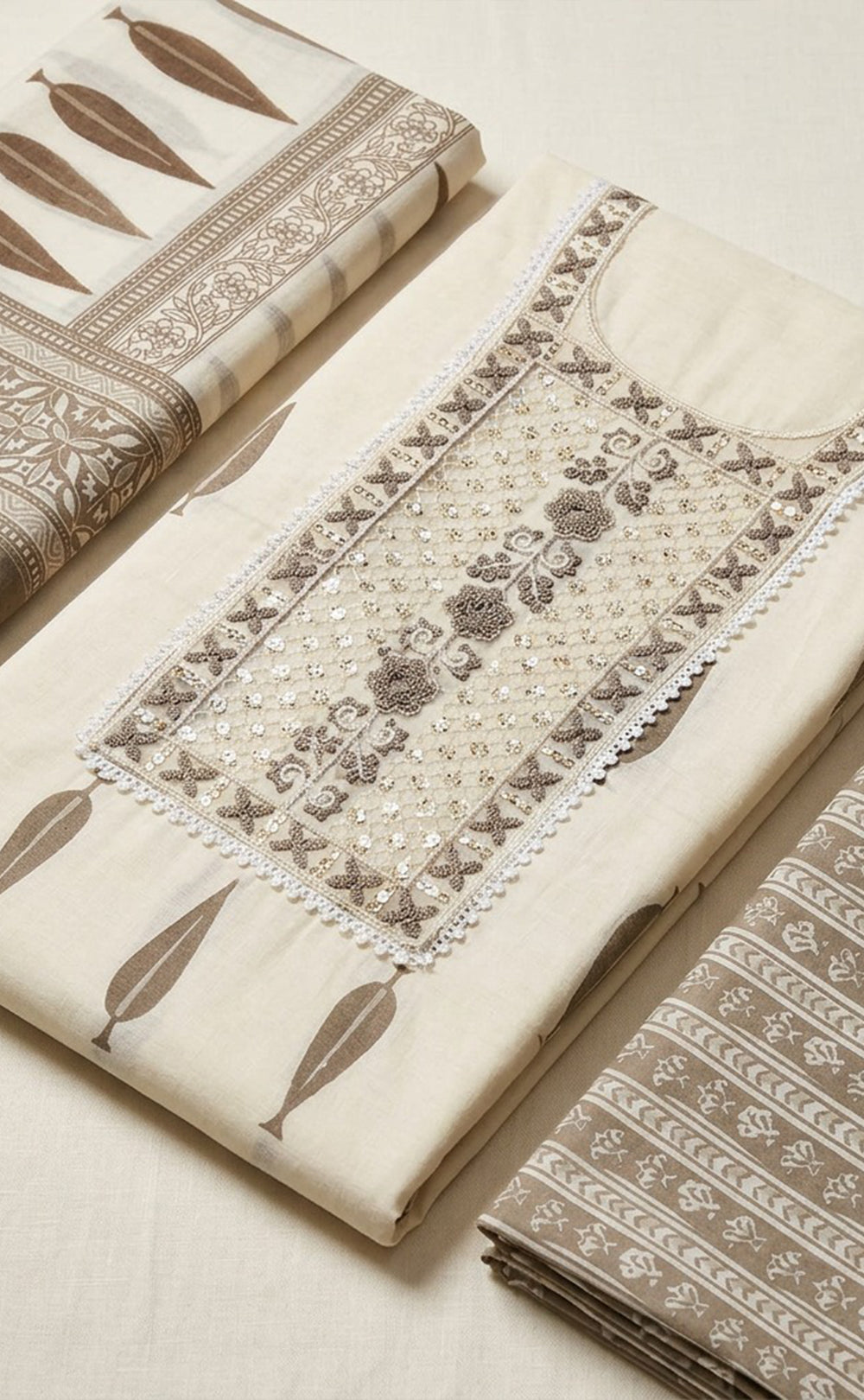 Half-White Cotton Leaf Printed Un-Stitched Dress Material