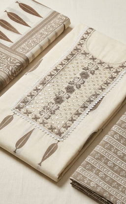 Half-White Cotton Leaf Printed Un-Stitched Dress Material