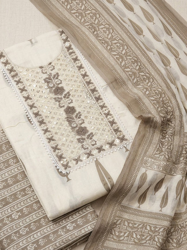 Half-White Cotton Leaf Printed Un-Stitched Dress Material