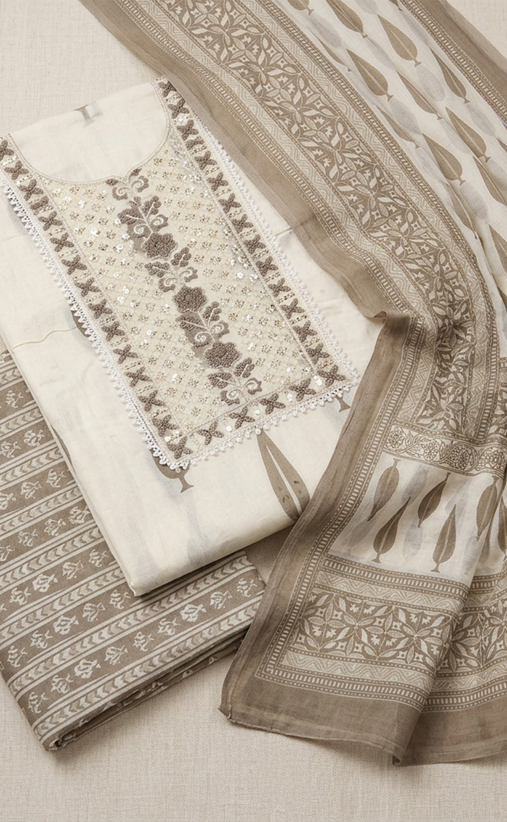 Half-White Cotton Leaf Printed Un-Stitched Dress Material