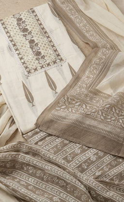 Half-White Cotton Leaf Printed Un-Stitched Dress Material
