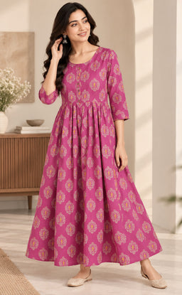 Pink Cotton Floral Printed Feeding Kurti