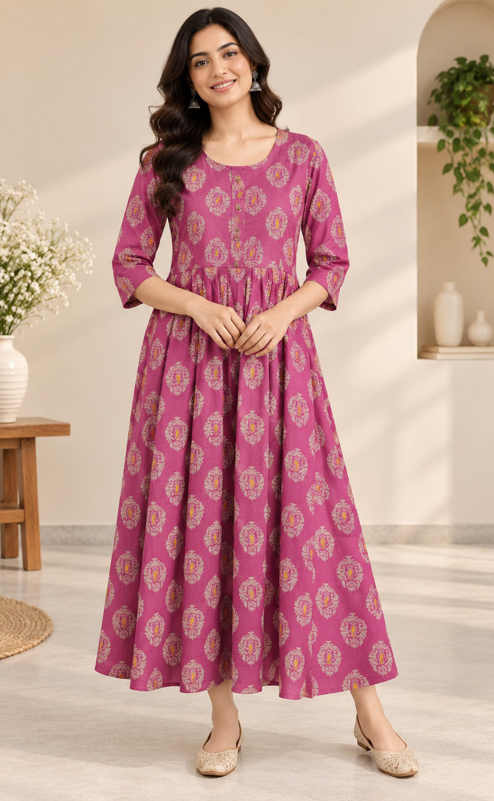 Pink Cotton Floral Printed Feeding Kurti