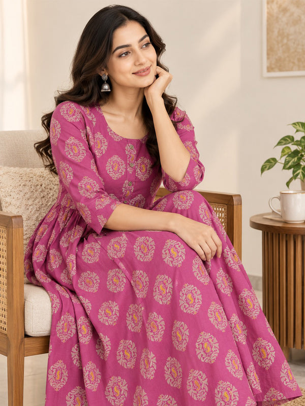 Pink Cotton Floral Printed Feeding Kurti