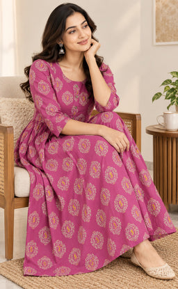 Pink Cotton Floral Printed Feeding Kurti