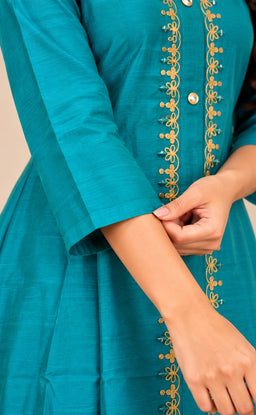 Rama Blue Chanderi Thread Embroidery Flare Kurti