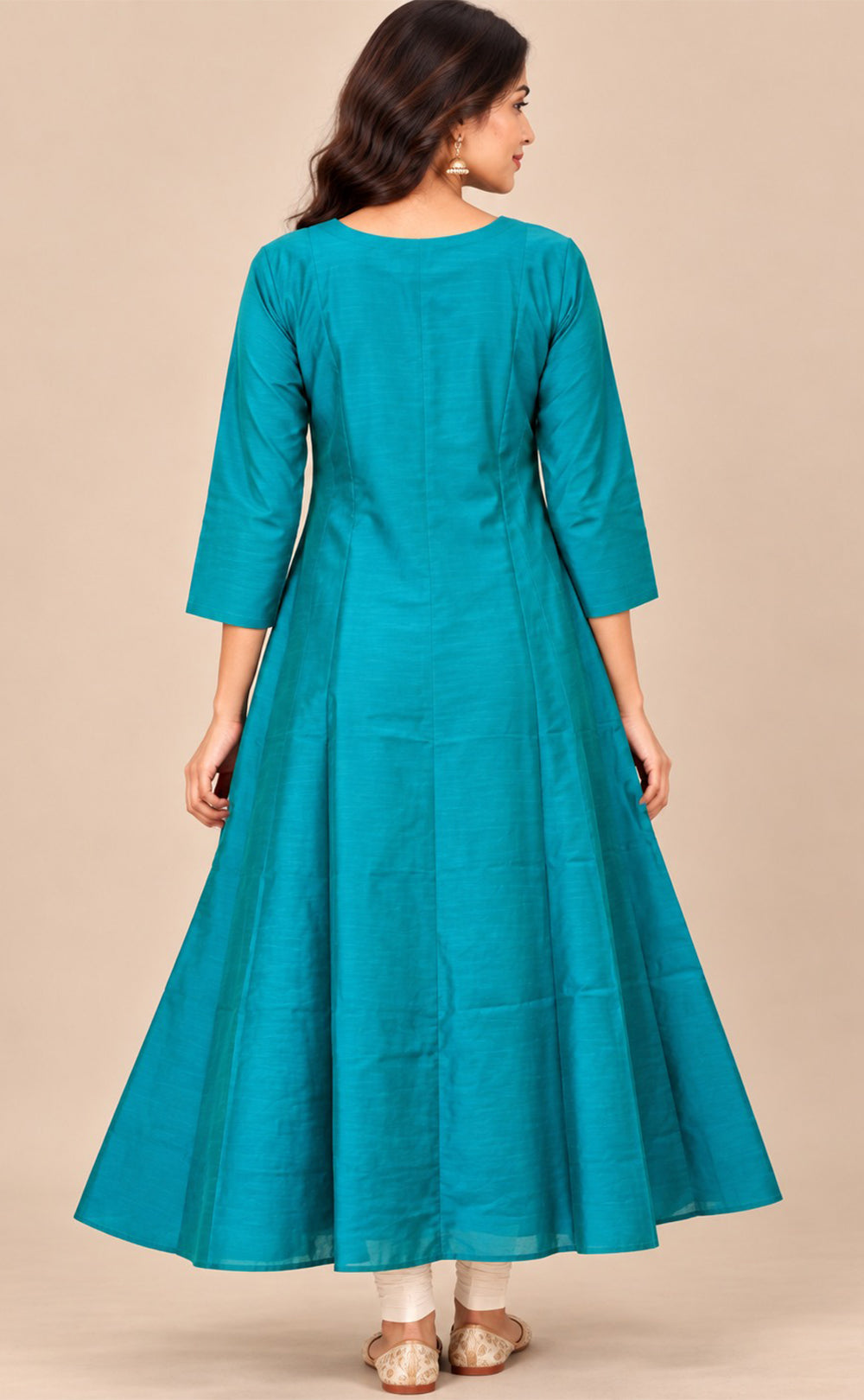 Rama Blue Chanderi Thread Embroidery Flare Kurti