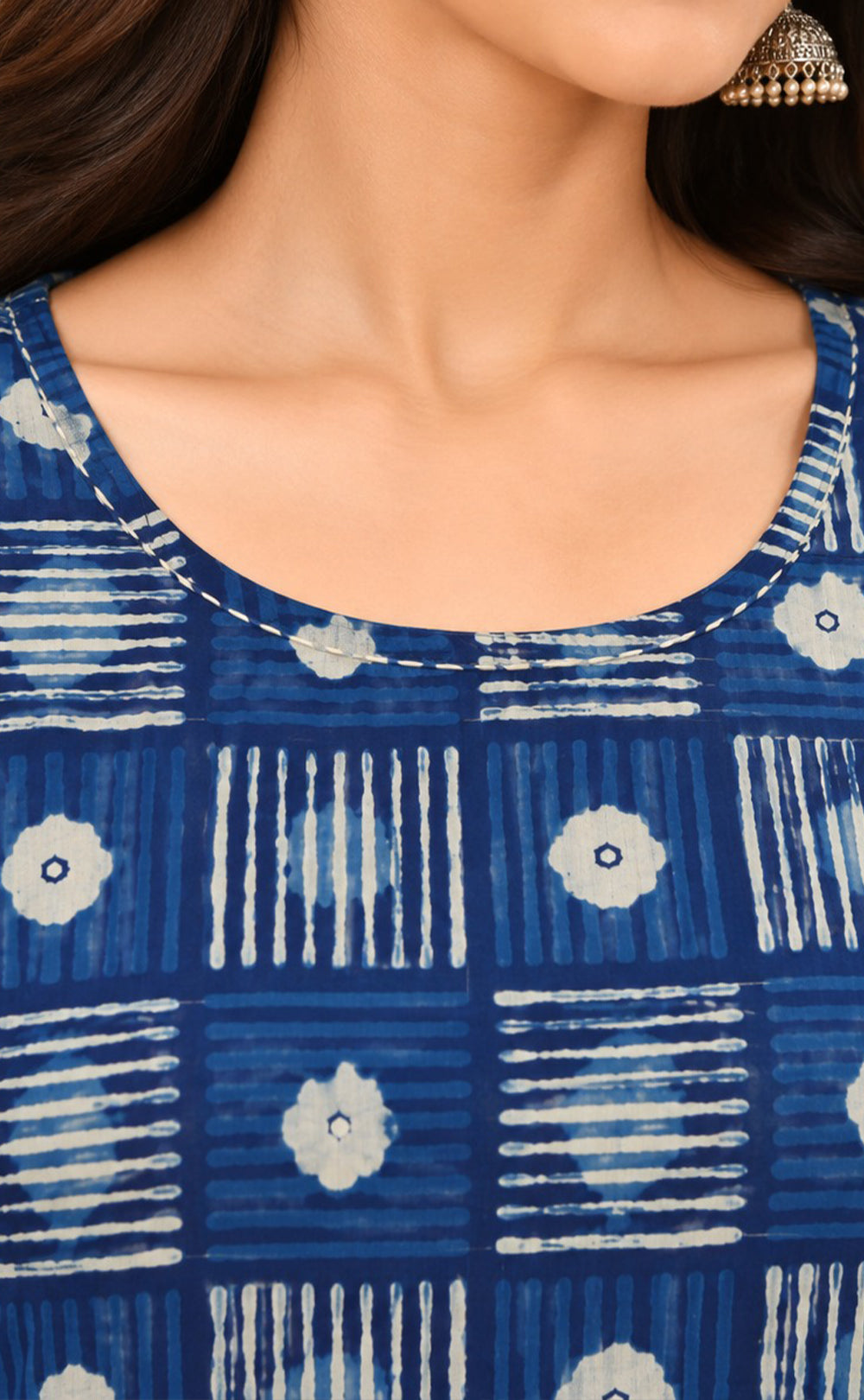 Indigo Blue Cotton Checks Pattern Kurti Gown