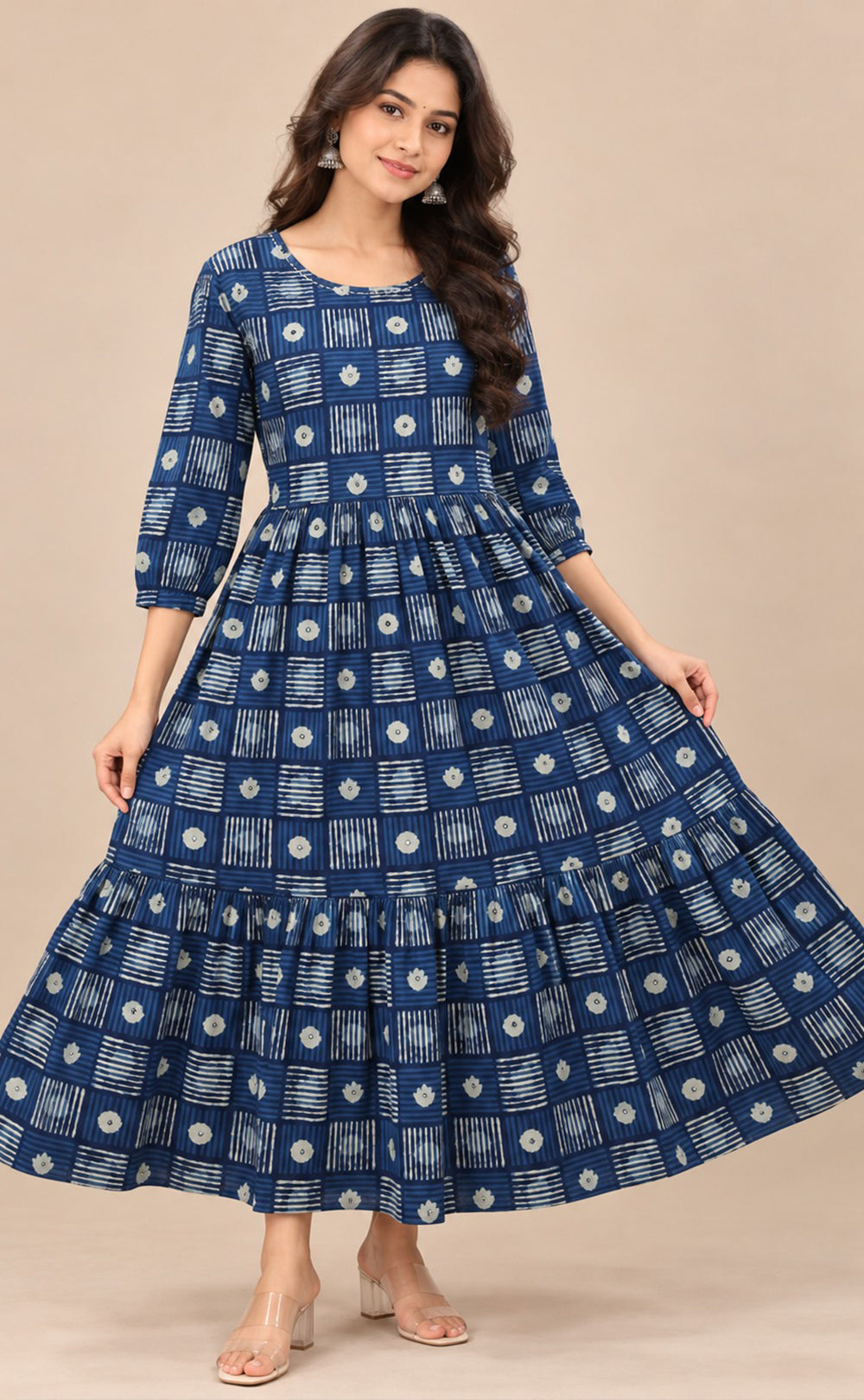 Indigo Blue Cotton Checks Pattern Kurti Gown