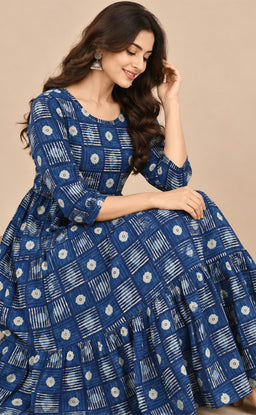 Indigo Blue Cotton Checks Pattern Kurti Gown