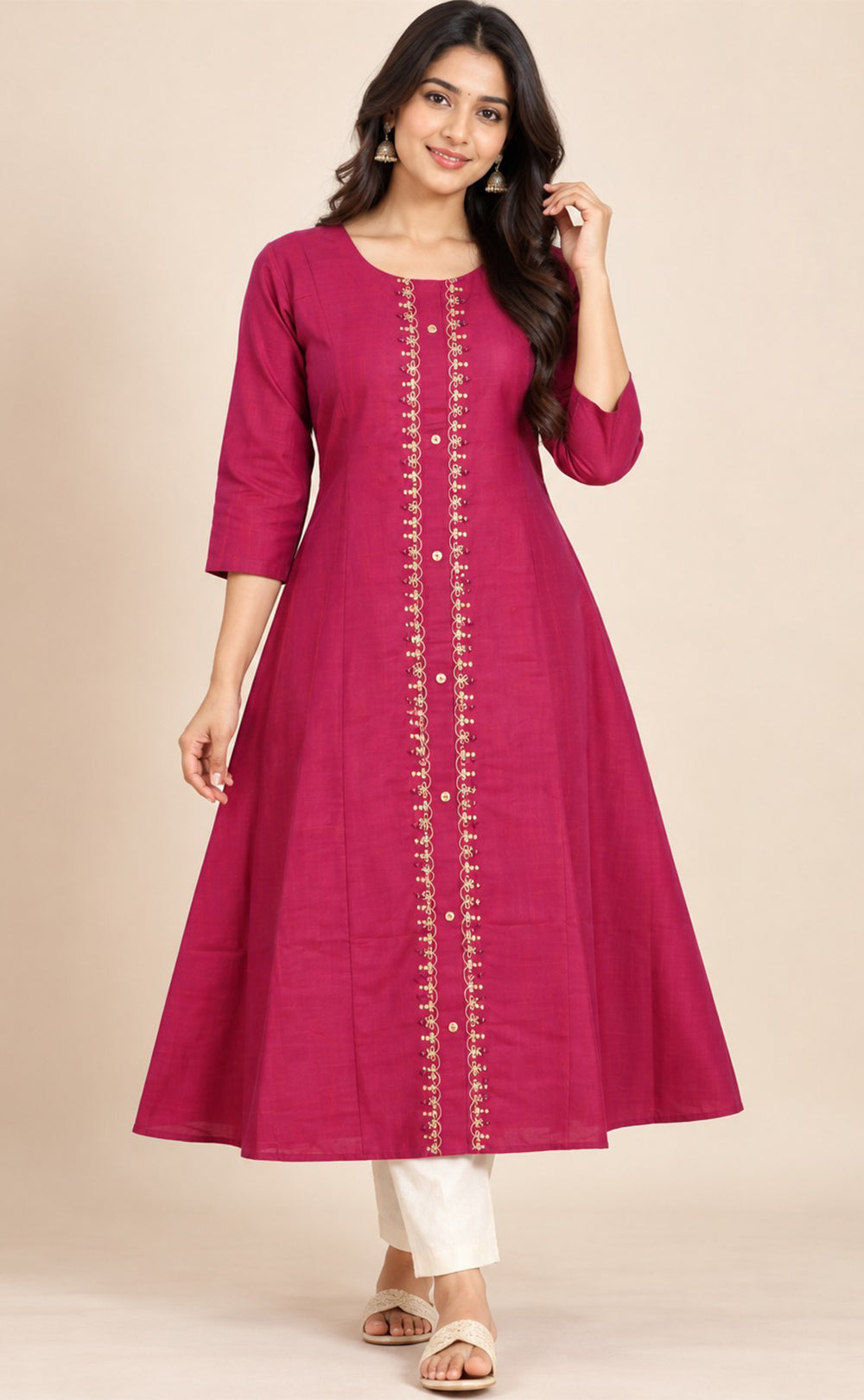Rani Pink Chanderi Thread Embroidery Flare Kurti
