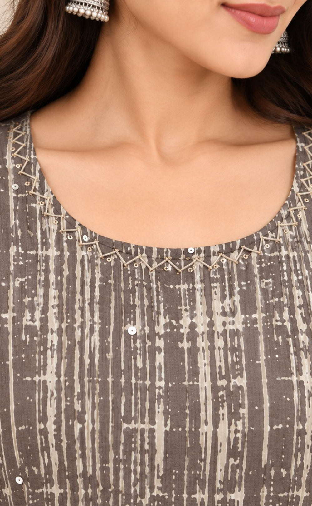 Grey With Cream Cotton All-Over Printed Flare Kurti