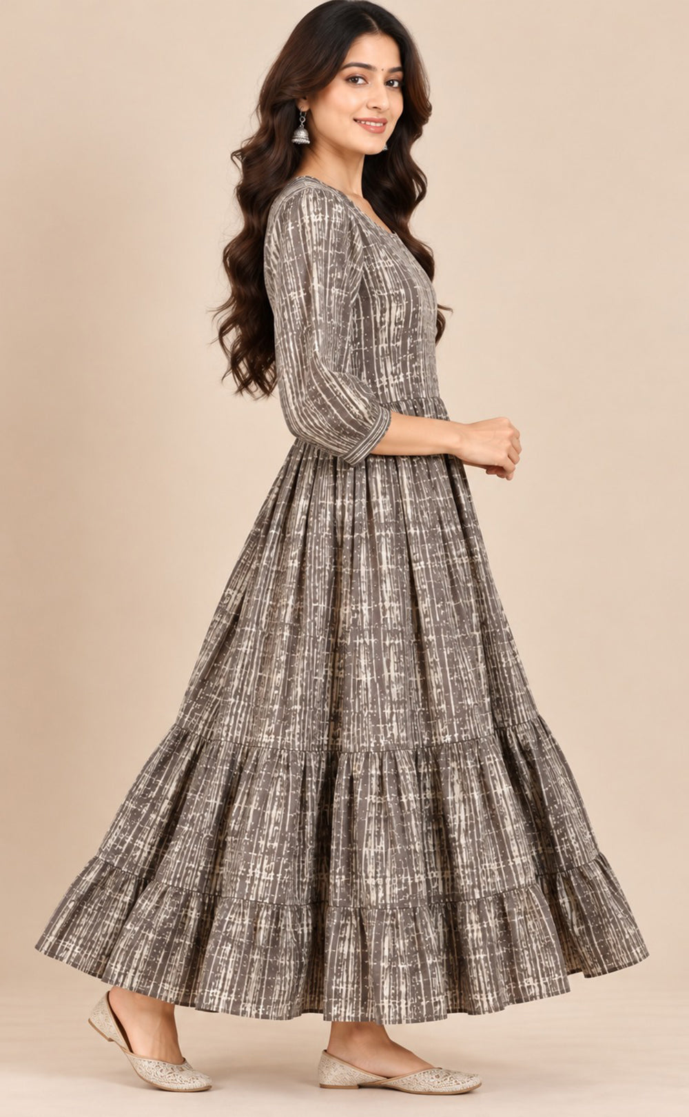 Grey With Cream Cotton All-Over Printed Flare Kurti