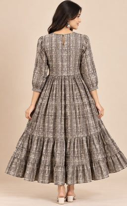 Grey With Cream Cotton All-Over Printed Flare Kurti