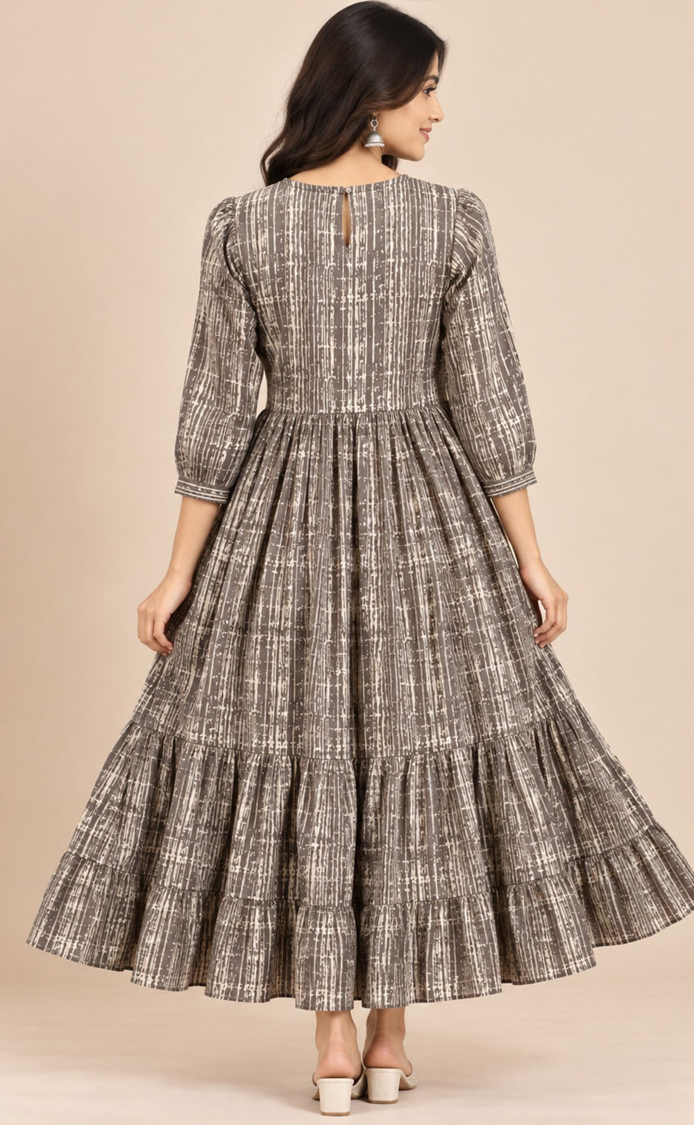 Grey With Cream Cotton All-Over Printed Flare Kurti