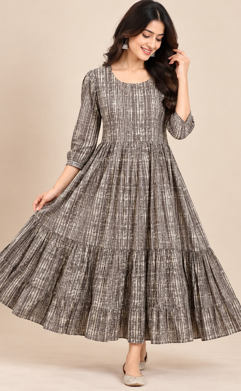 Grey With Cream Cotton All-Over Printed Flare Kurti