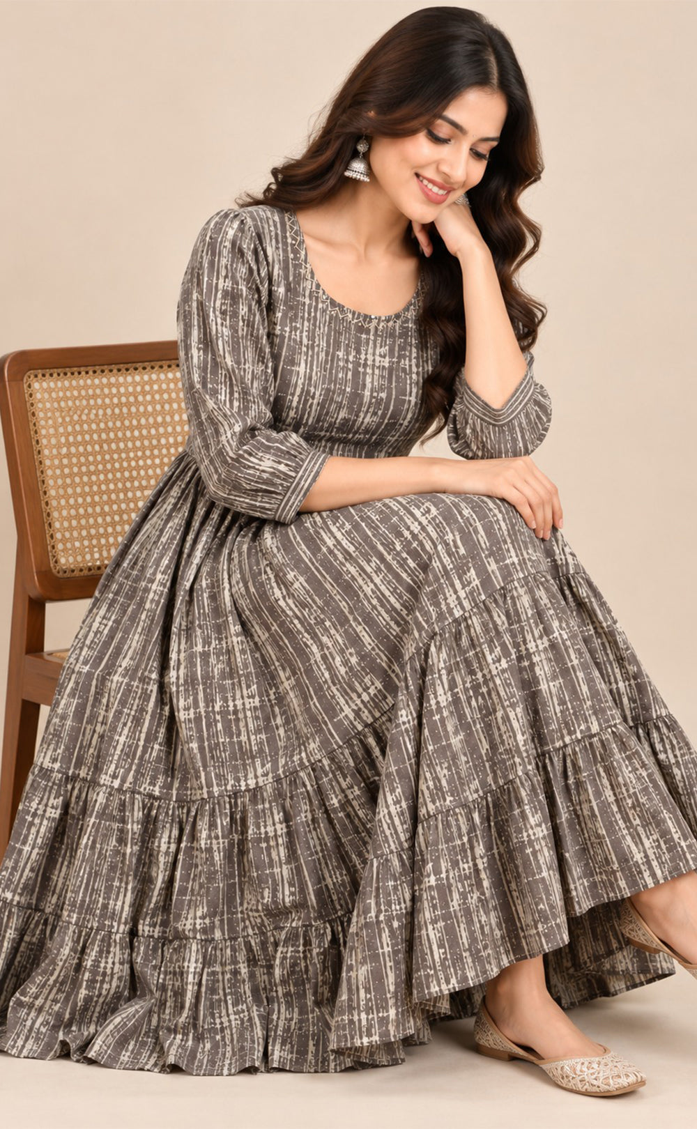 Grey With Cream Cotton All-Over Printed Flare Kurti
