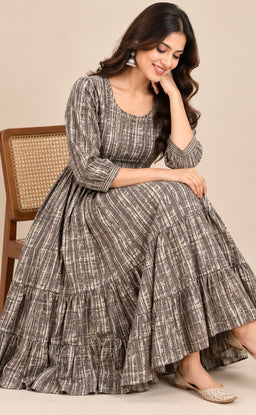 Grey With Cream Cotton All-Over Printed Flare Kurti