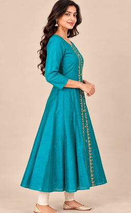 Rama Blue Chanderi Thread Embroidery Flare Kurti