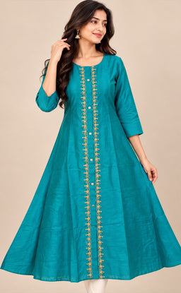 Rama Blue Chanderi Thread Embroidery Flare Kurti