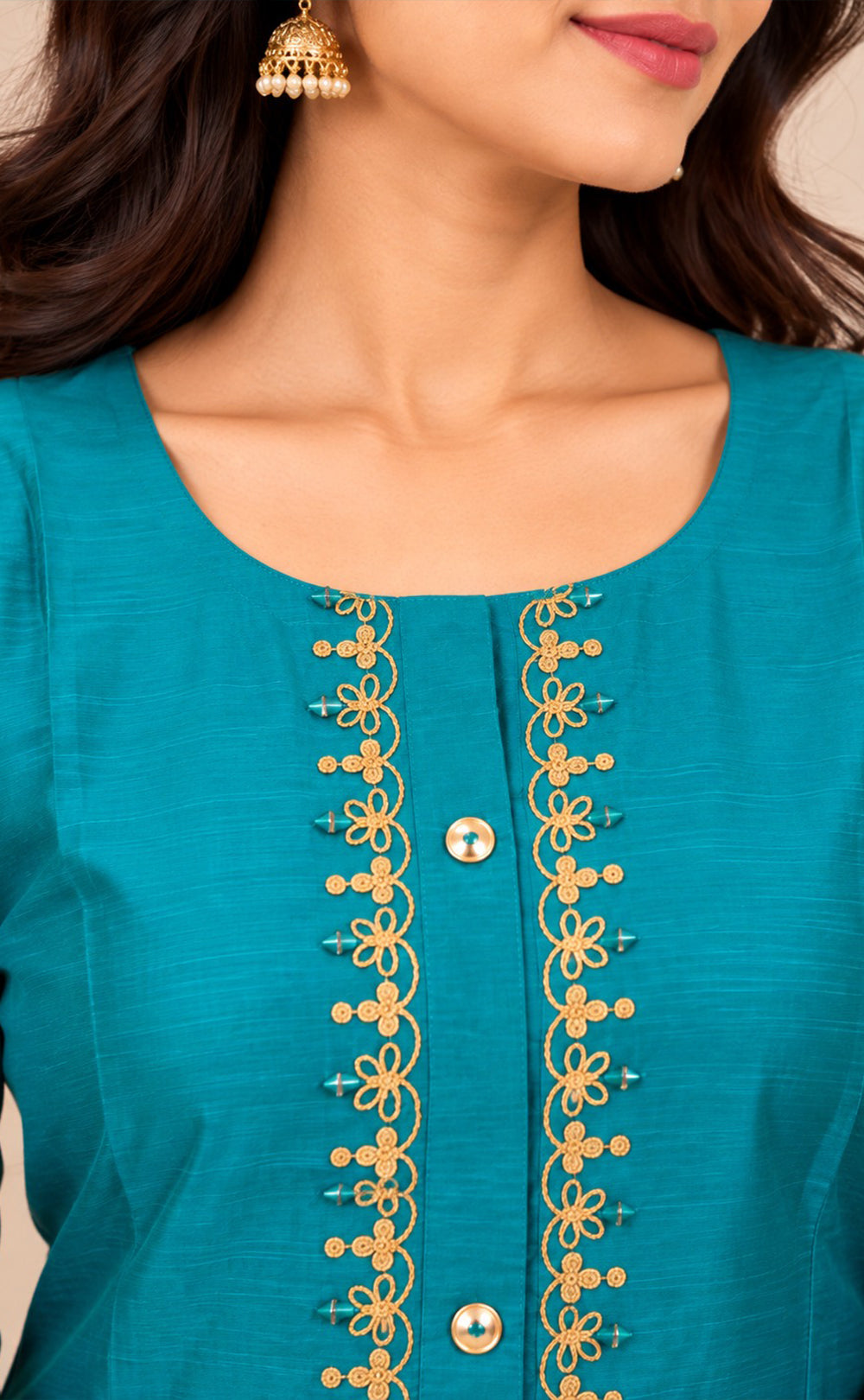 Rama Blue Chanderi Thread Embroidery Flare Kurti