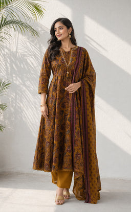 Mustard Yellow Cotton Kalamkari Printed Kurti Set