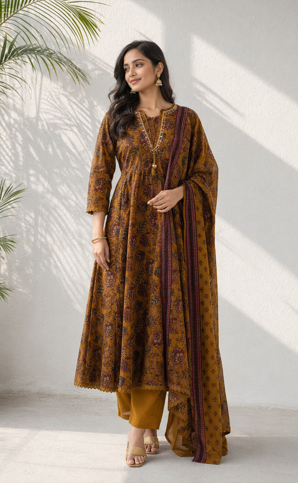 Mustard Yellow Cotton Kalamkari Printed Kurti Set