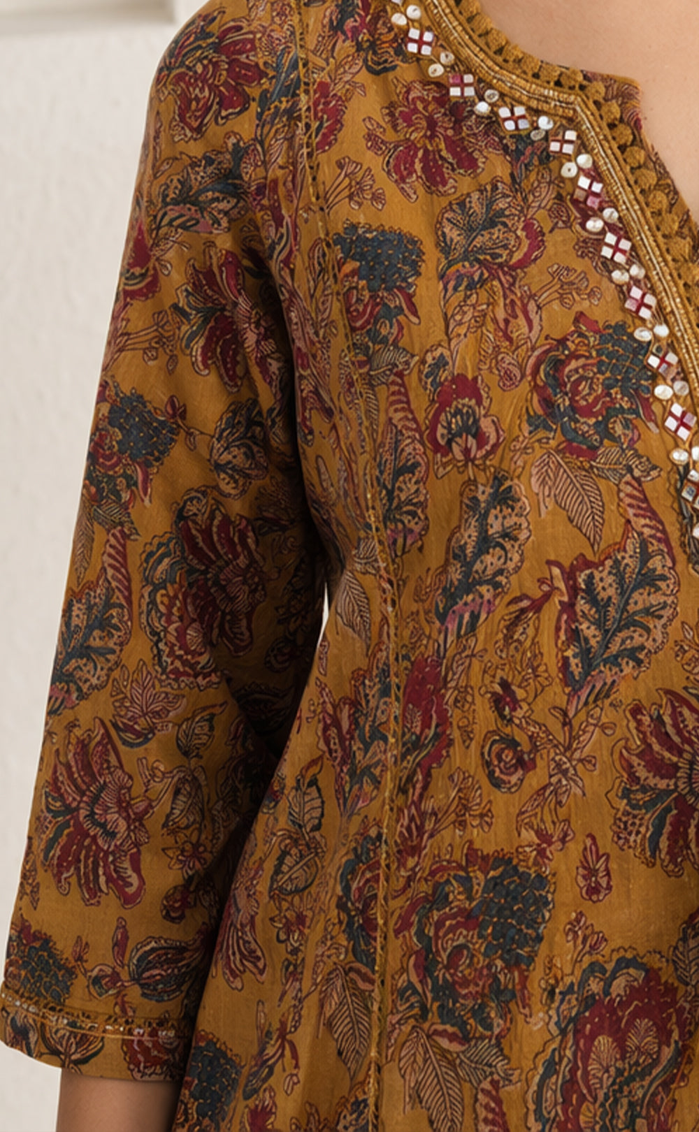Mustard Yellow Cotton Kalamkari Printed Kurti Set
