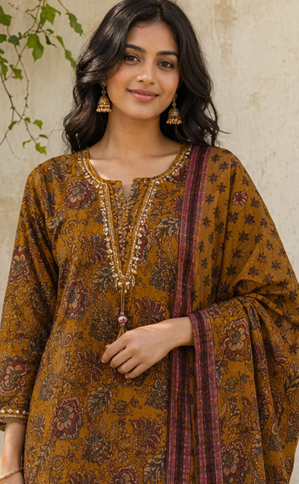 Mustard Yellow Cotton Kalamkari Printed Kurti Set
