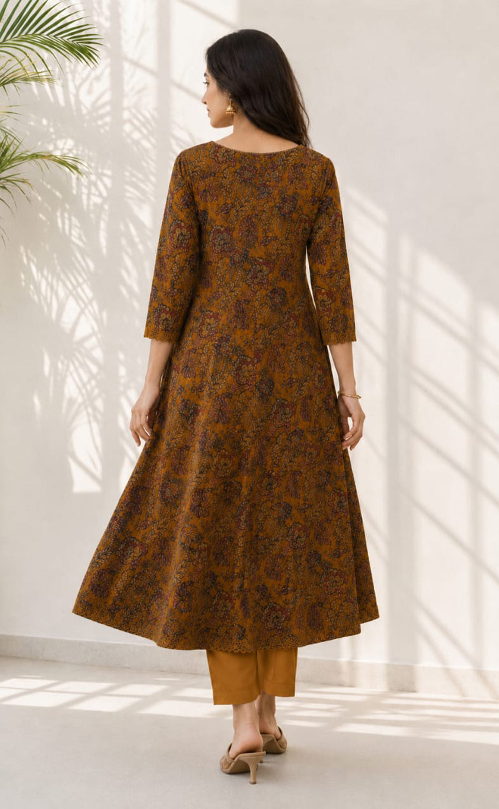 Mustard Yellow Cotton Kalamkari Printed Kurti Set
